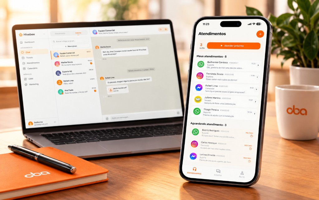 Atendente usando o app da Oba Labs no celular para conversar com clientes, ao lado do painel web