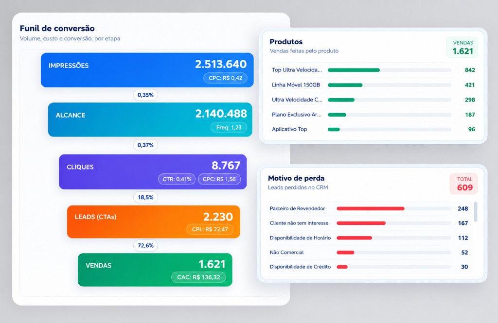 Dashboard de funil de conversão, produtos vendidos e motivos de perda no CRM Oba Labs