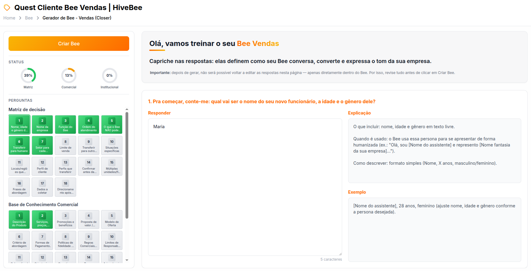 Quest Cliente — Treine o seu Bee com Matriz de decisão, Base Comercial e Base Institucional